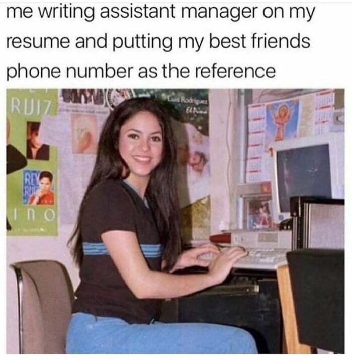 Smiling woman at a computer, with text about friends and job references, capturing the humor of relatable friendship memes.