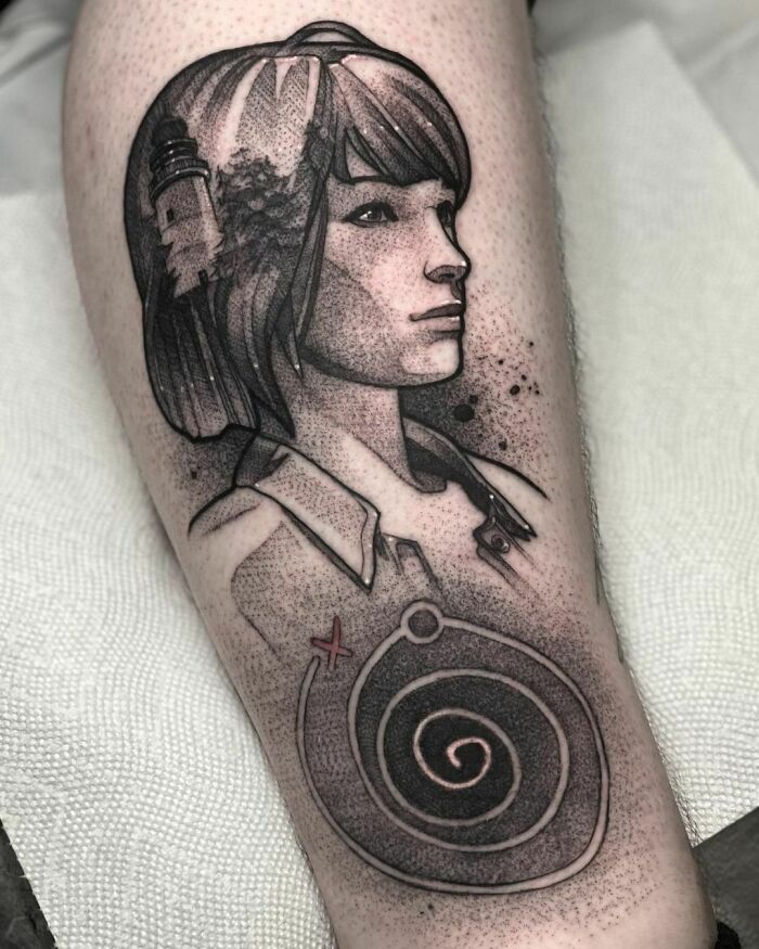 Tattoo of a Life Is Strange video game character and lighthouse symbol on arm.