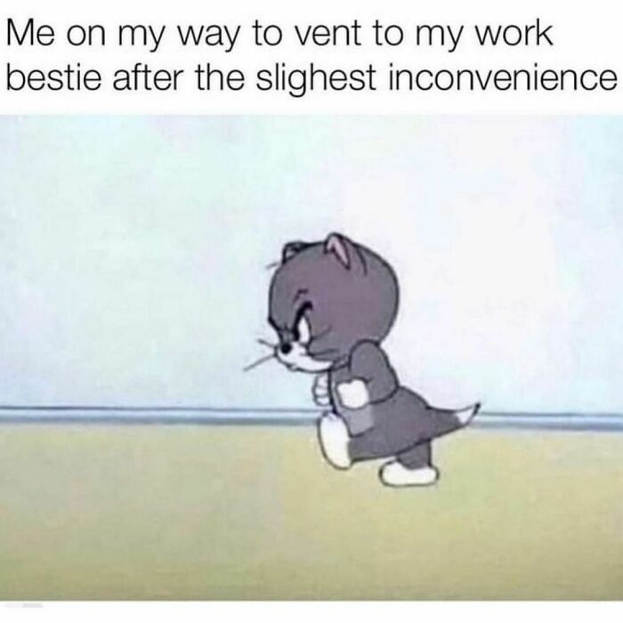 Cartoon cat stomping determinedly, illustrating a relatable friendship meme.