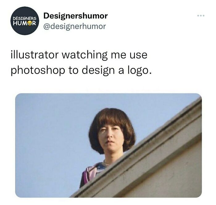 Graphic designer humor meme with person observing logo design in Photoshop.