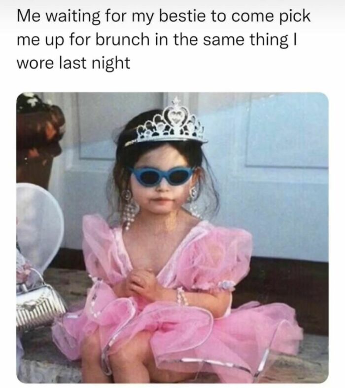 A child in a pink dress, tiara, and sunglasses humorously embodies relatable friendship memes.