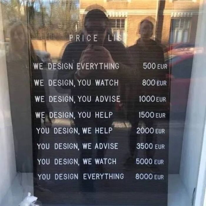 Humorous designer price list offering various levels of design assistance for graphic designers.