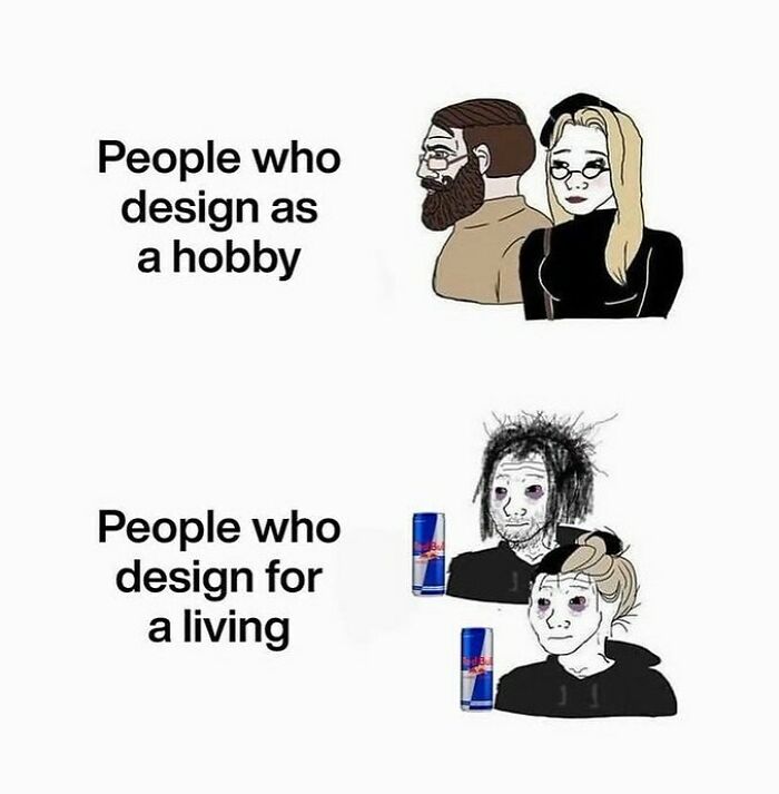 "Graphic designers meme comparing hobbyists with professionals, featuring humorous character depictions and energy drinks."