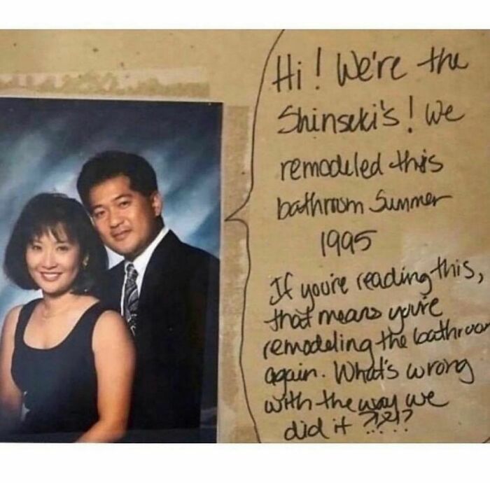 Couple photo with handwritten note humorously addressing bathroom remodeling, featured in hilariously relatable memes.