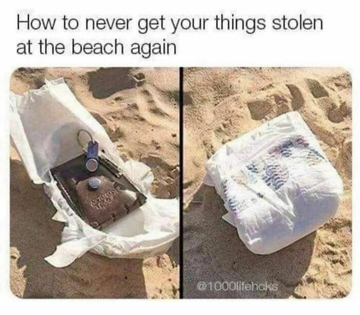 Beach hack showing valuables hidden inside a wrapped diaper on sand, relatable memes about protecting belongings.