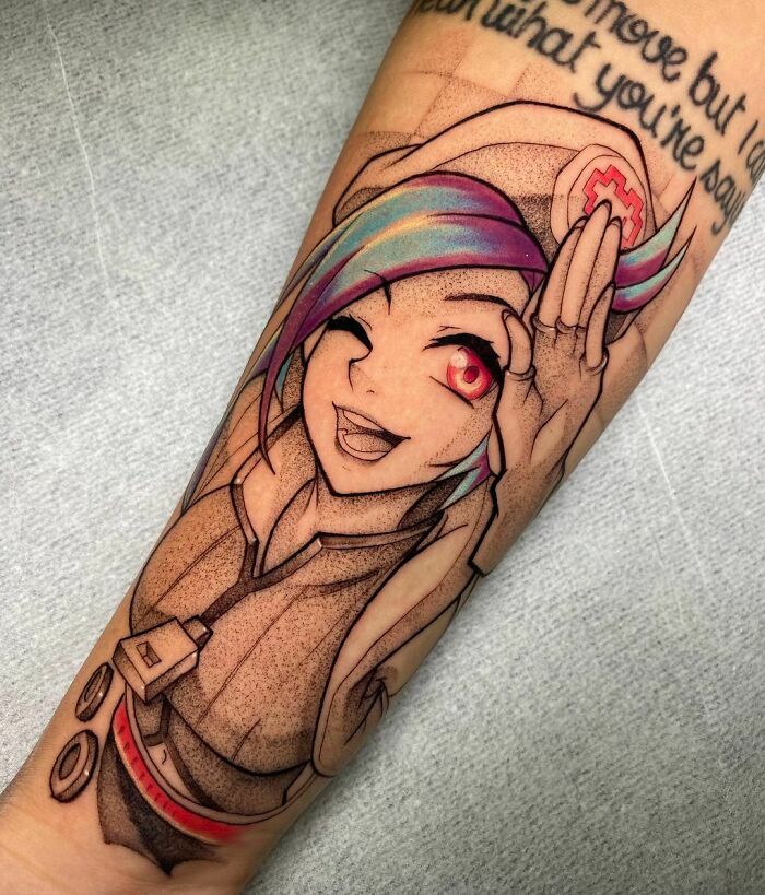 League Of Legends video game tattoo of an anime-style character with colorful hair on an arm.