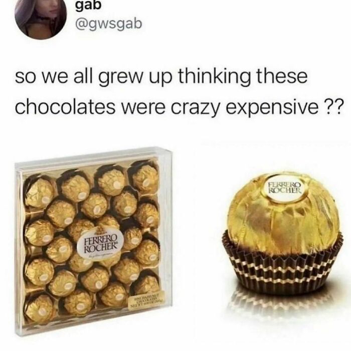 Hilariously relatable meme showing Ferrero Rocher chocolates with text about childhood misconceptions on price.