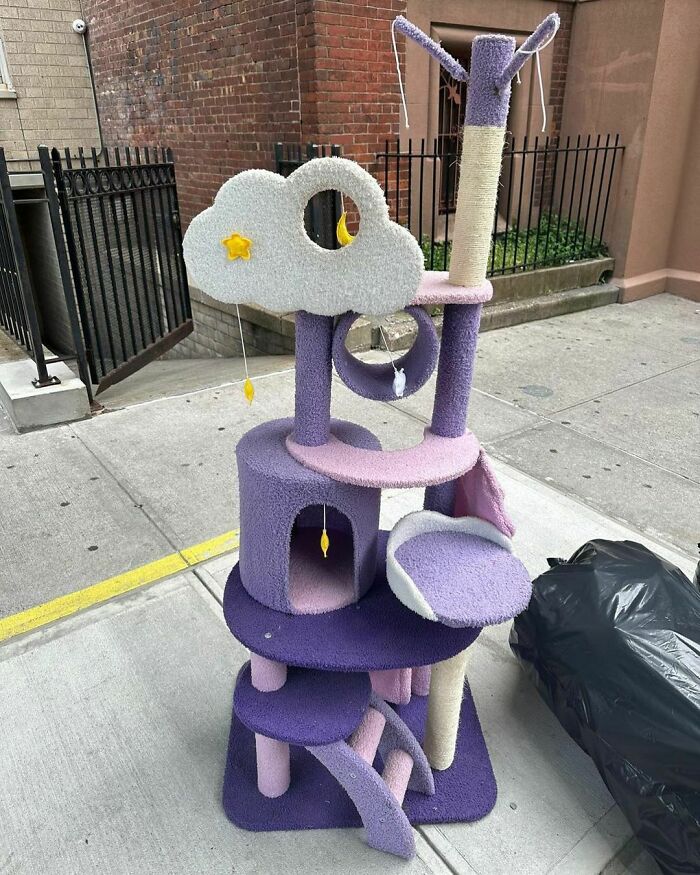 Purple and white cat tree tossed out on NYC sidewalk, showing a real treasure in abandoned furniture.