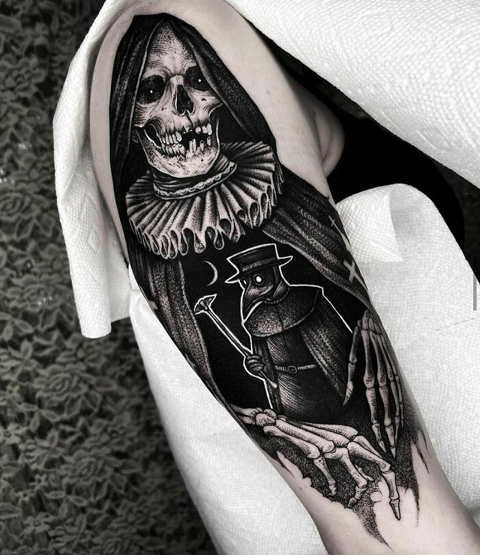 Gothic tattoo featuring a skeletal figure in a cloak and a plague doctor under a crescent moon.