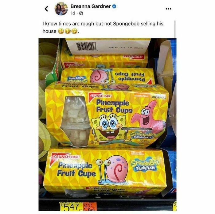 SpongeBob-themed pineapple fruit cups in grocery store, featuring main characters and a humorous meme caption.