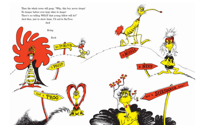Dr. Seuss illustration from If I Ran The Zoo showing the first use of the word Nerd for 40 useless facts to impress friends.