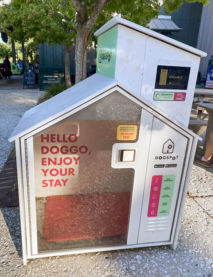 A Locking, A/C-Controlled Dog House In The Middle Of A Shopping Center Available For Use While You Eat And Shop