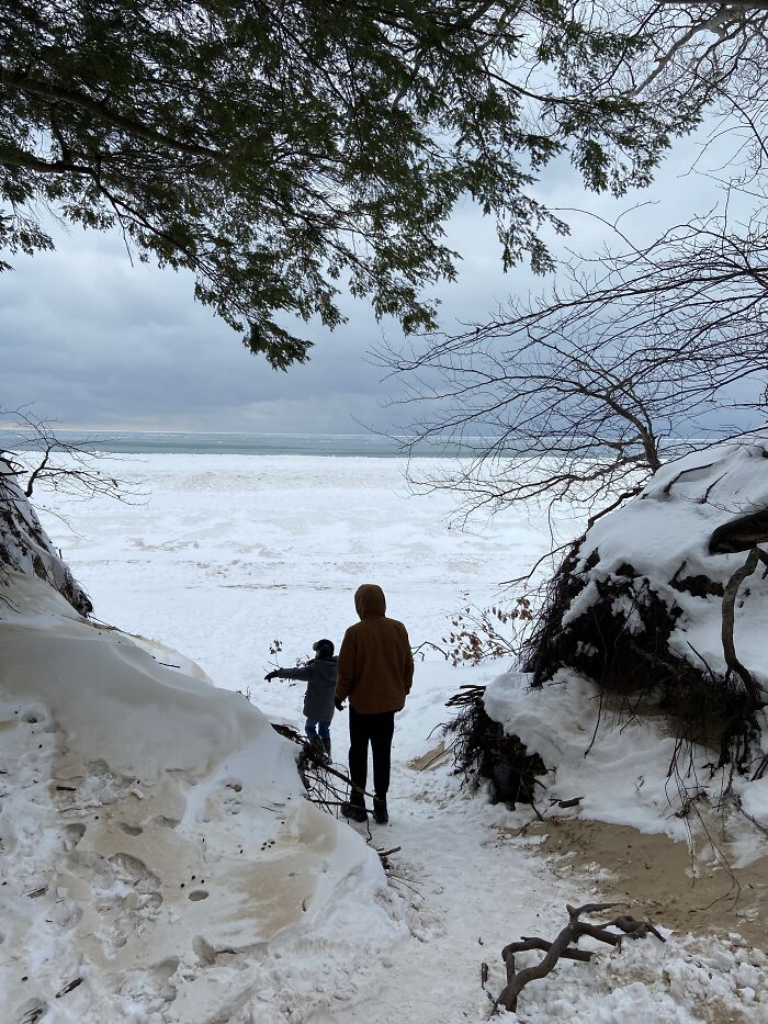When The Water At The Great Lakes Freezes, There Are Ice Shelves. Paths Become Harder To Trek And The Sand Had Steamed Ice Sculptures. This If The Best Photo I Got Of This