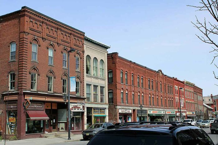 Commercial blocks on Main Street in Montpelier Vermont, a charming scene to impress your friends with useless facts.