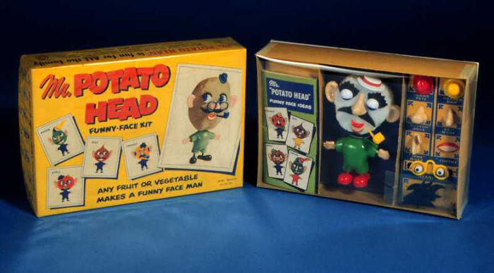 Mr. Potato Head Funny Face Kit from 1952 displayed in original box, a quirky toy featured in useless facts to impress friends.