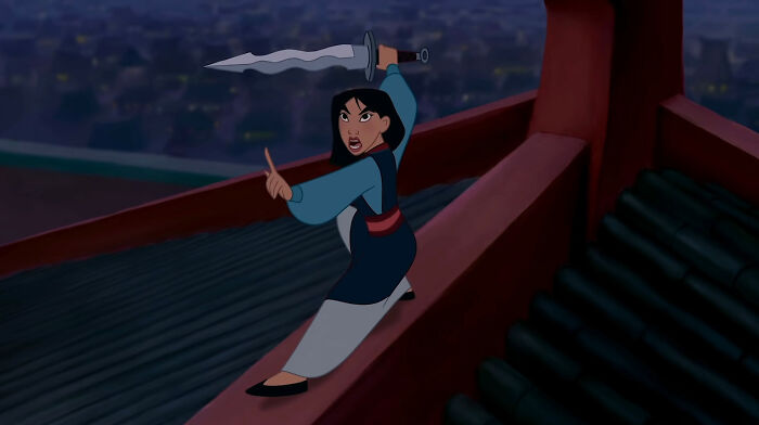 Disney's Mulan in a sword fight scene, showcasing action and bravery, perfect for sharing useless facts to impress your friends.