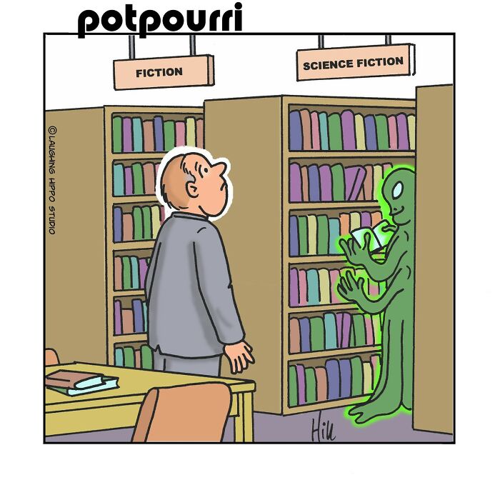 Man in gray suit looking at an alien reading books in the science fiction section in a humorous one-panel comic.