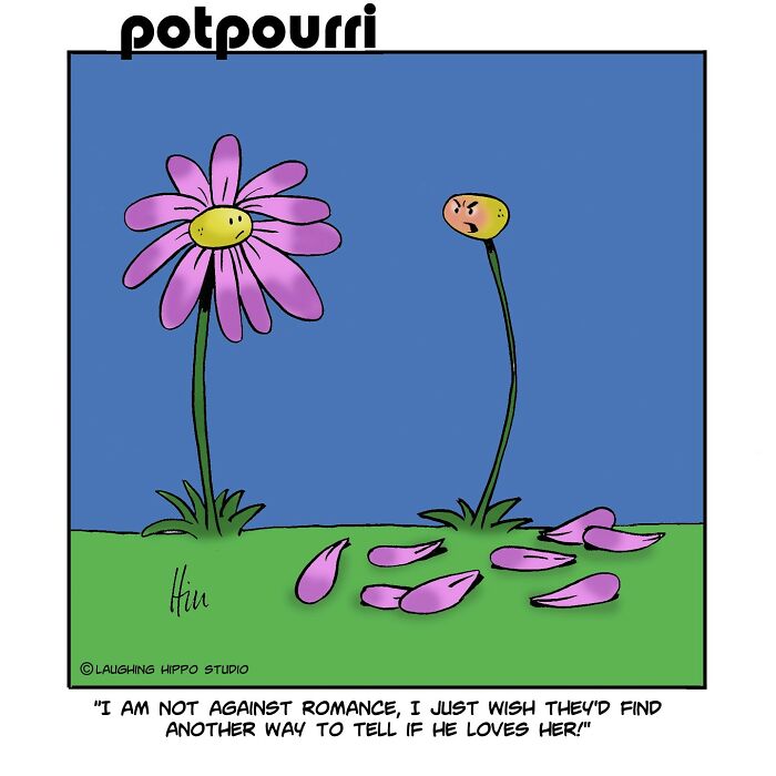 Humorous one-panel comic by Laughing Hippo Studio showing a flower losing petals with a funny romance caption.