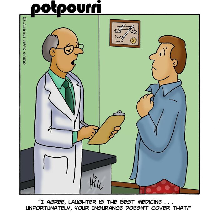 Humorous one-panel comic by Laughing Hippo Studio showing a doctor telling a patient laughter is the best medicine not covered by insurance.