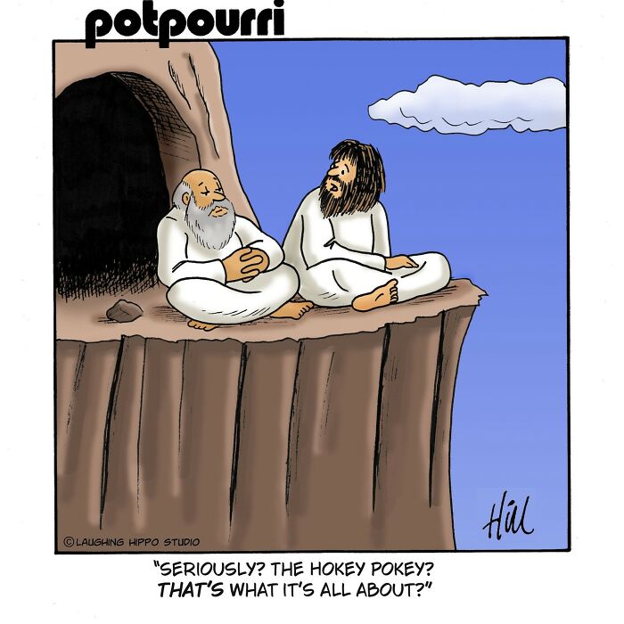 Two men in white robes sitting on a cliff edge in a humorous one-panel comic by Laughing Hippo Studio.