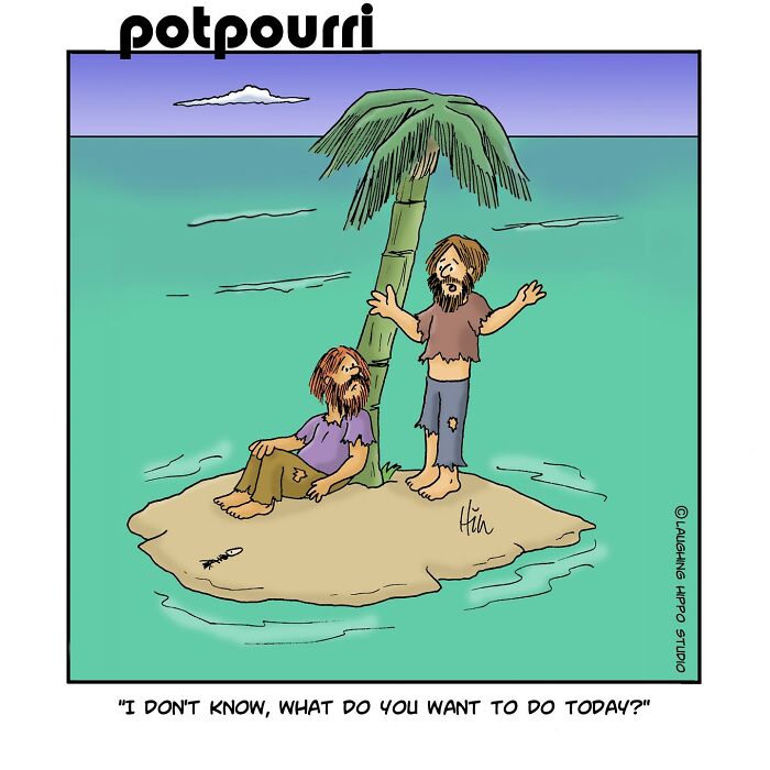 Two stranded men on a tiny island under a palm tree in a humorous one-panel comic by Laughing Hippo Studio.