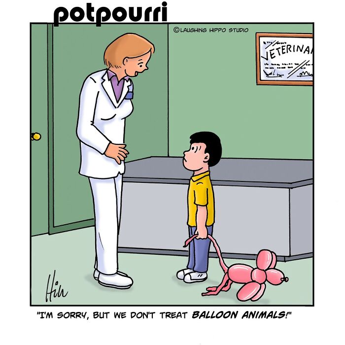 Child holding balloon animal talks to veterinarian in a humorous one-panel comic by Laughing Hippo Studio.