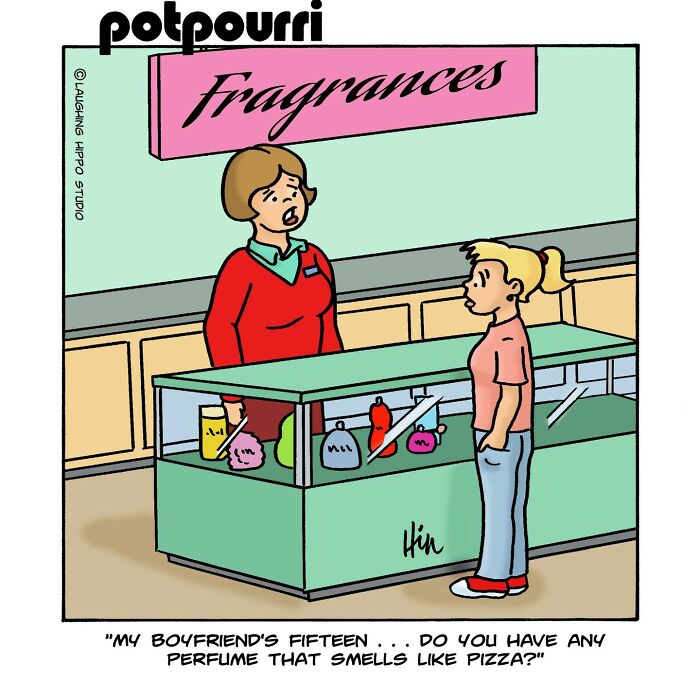 One-panel humorous comic by Laughing Hippo Studio showing a customer asking for pizza-scented perfume.