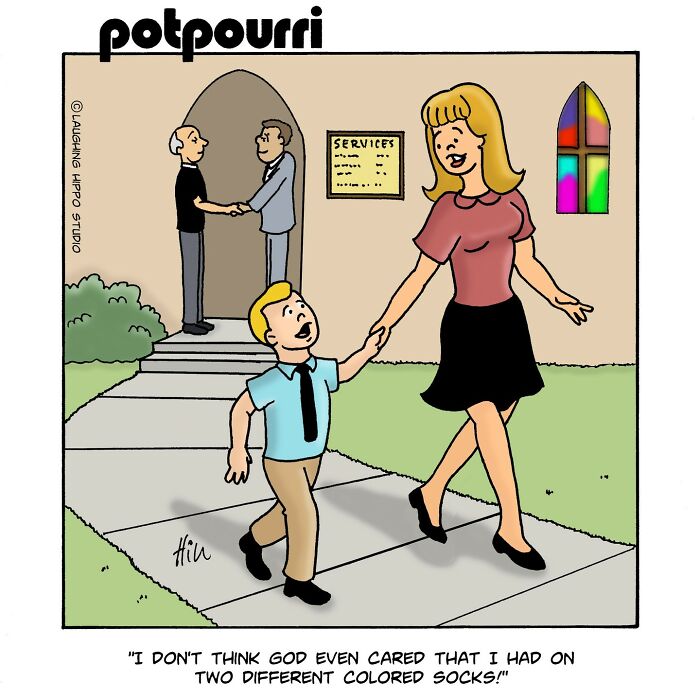 Humorous one-panel comic by Laughing Hippo Studio showing a boy upset about wearing mismatched socks near a church.