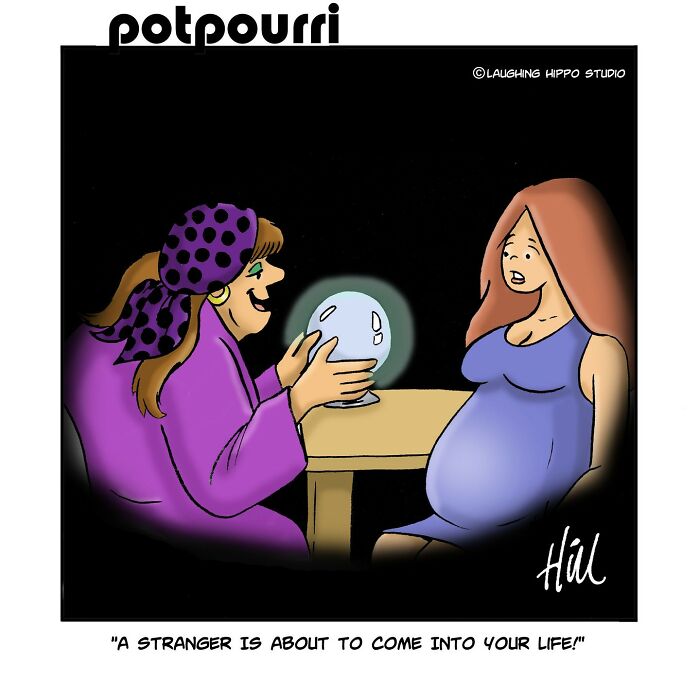 Fortune teller with a crystal ball humorously predicts a stranger entering the life of a surprised pregnant woman.