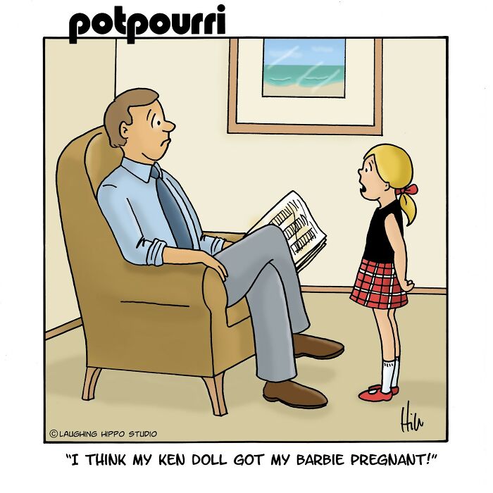 Humorous one-panel comic from Laughing Hippo Studio showing a girl telling a man her Ken doll got her Barbie pregnant.