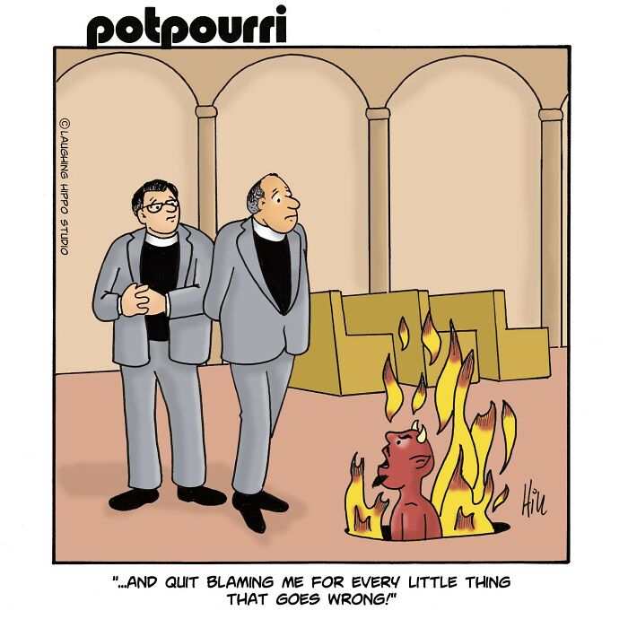 One-panel comic by Laughing Hippo Studio showing two men near flames with a devil blaming others humor humorously.