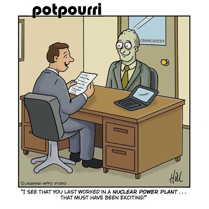 One-panel comic by Laughing Hippo Studio showing a job interview with a nervous candidate from a nuclear power plant.