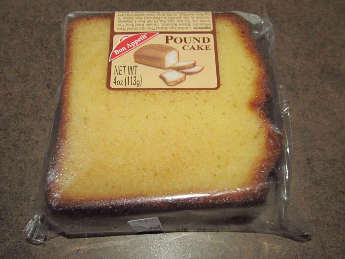 Bon Appetit pound cake slice in plastic packaging representing a random useless fact to possibly impress friends.