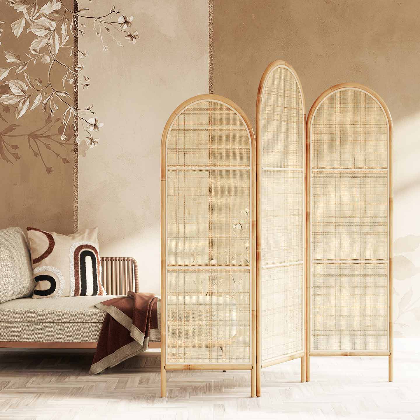 Three panel rattan room divider