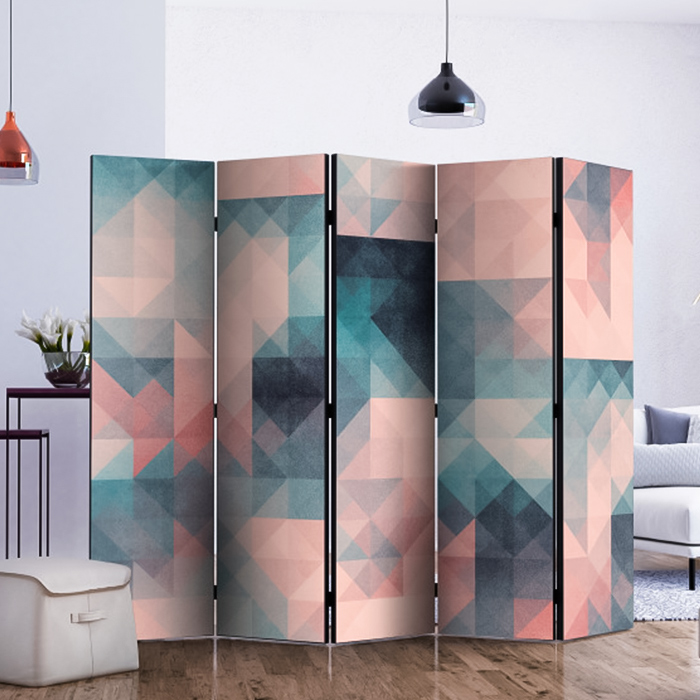 Five panel folding room divider with geometric blue and pink pattern Five panel folding room divider with geometric blue and pink pattern