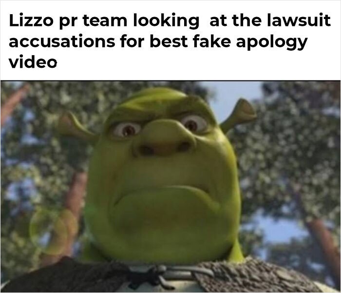 Shrek meme with caption about PR team handling lawsuit accusations, highlighting viral humor.