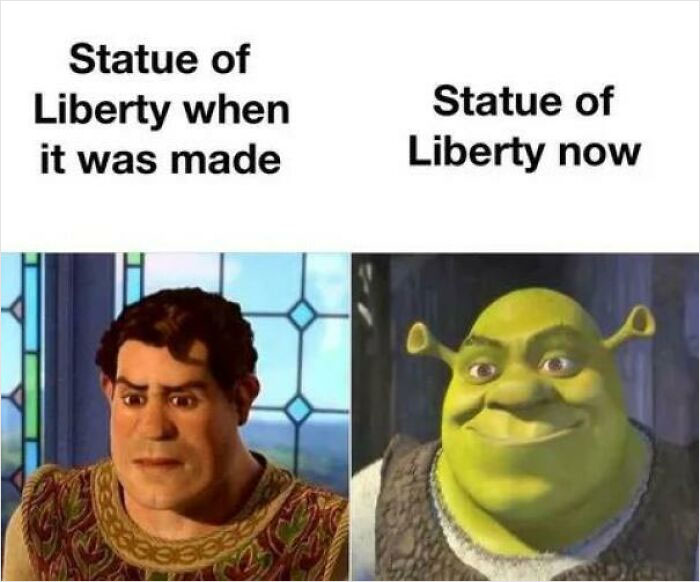 Shrek meme contrasting two characters, humorously comparing the past and present Statue of Liberty.
