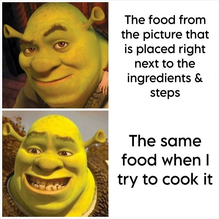 Shrek meme comparing expectation and reality of cooking results, featuring a smiling Shrek followed by a comical grin.