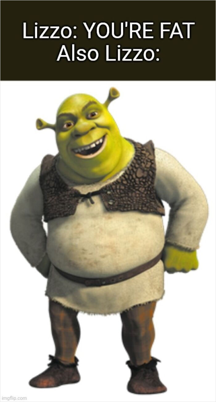 Shrek meme with humorous text about Lizzo, highlighting popular internet meme trend.