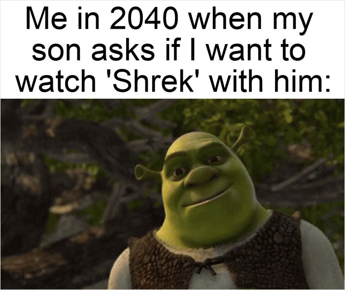 Shrek smiling in a meme about rewatching the movie in 2040 with a son, highlighting popular Shrek memes.