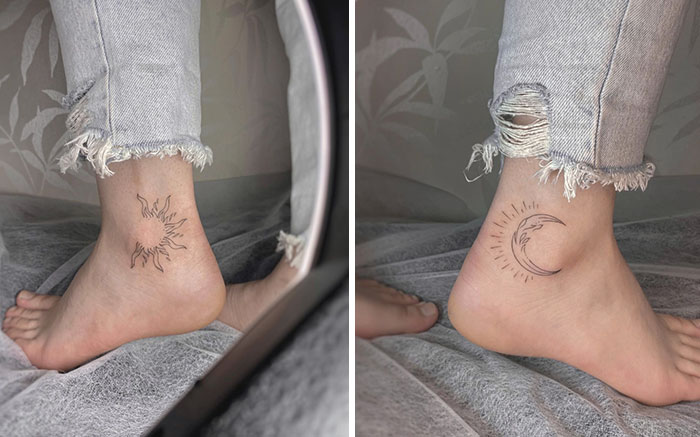 Close-up of ankle tattoos, featuring sun and moon designs on ankles, highlighting tattoo care and inspiration.