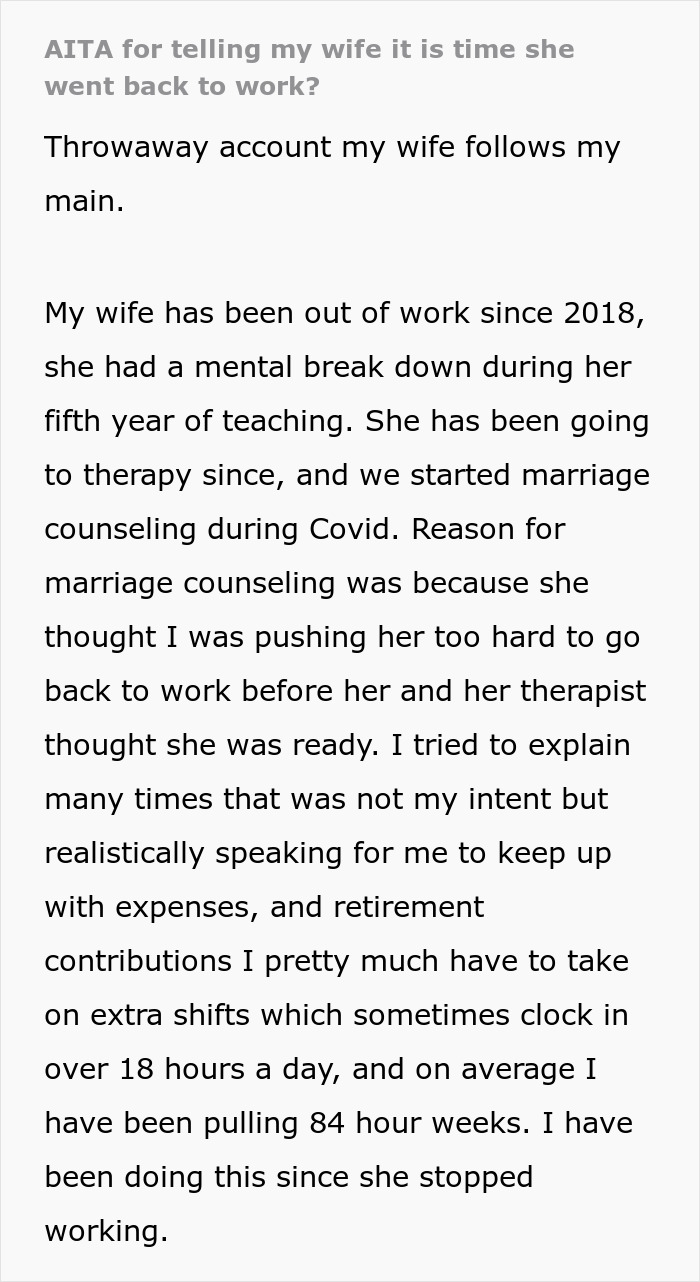 Exhausted Husband Working 84-Hour Weeks Considers Divorce After Wife Won&rsquo;t Go Back To Work