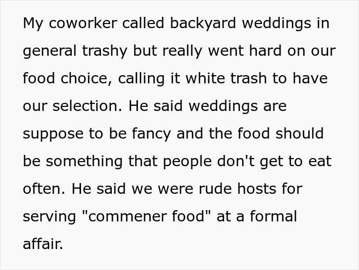 Man Blasts Coworker&rsquo;s Choice Of Wedding Food, Calls It &ldquo;White Trash&rdquo;
