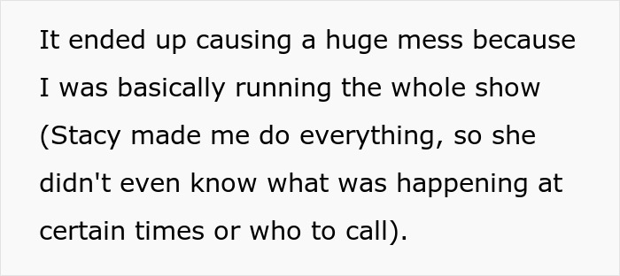 Text excerpt describing a maid of honor managing wedding duties amidst chaos before discovering breakup reasons and leaving.