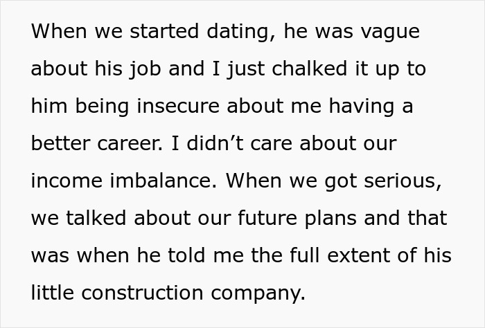 Text about dating, job insecurity, income imbalance, and revealing fianc&eacute;&rsquo;s construction company earnings in a serious relationship.