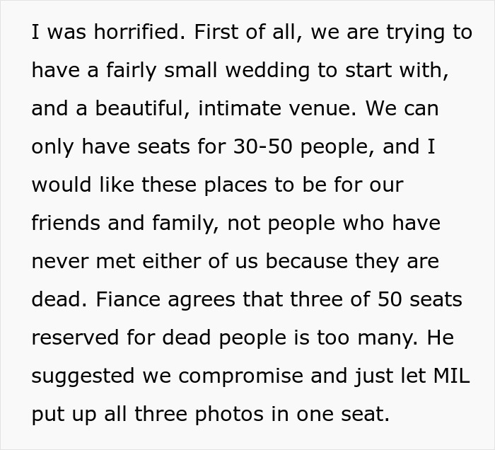 Bride Refuses To Reserve Seats For MIL’s Miscarried And Stillborn Children At Her Wedding Bride Refuses To Reserve Seats For MIL’s Miscarried And Stillborn Children At Her Wedding