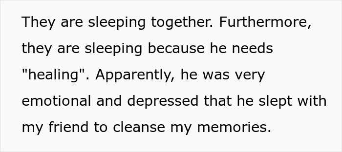 Text about relationship issues, mentioning sleeping with a friend for "cleansing" purposes.