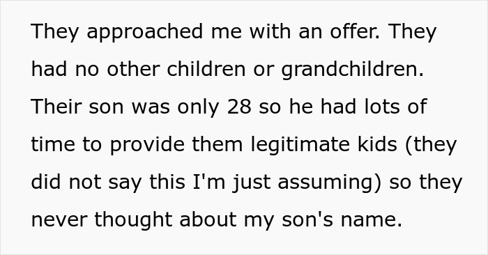 Text excerpt describing rich grandparents offering inheritance to grandchild, with conflict involving his mom.