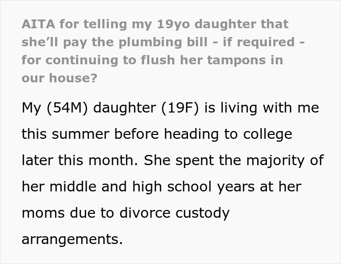 Dad Asks 19YO To Stop Flushing Tampons Down The Toilet Due To Possible Plumbing Issues, Drama Ensues Dad Asks 19YO To Stop Flushing Tampons Down The Toilet Due To Possible Plumbing Issues, Drama Ensues