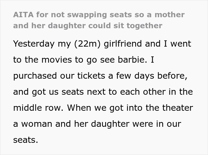 Mom Feels Entitled To Guy&rsquo;s Seats So She Can Watch &lsquo;Barbie&rsquo; With Her Daughter, He Refuses To Move